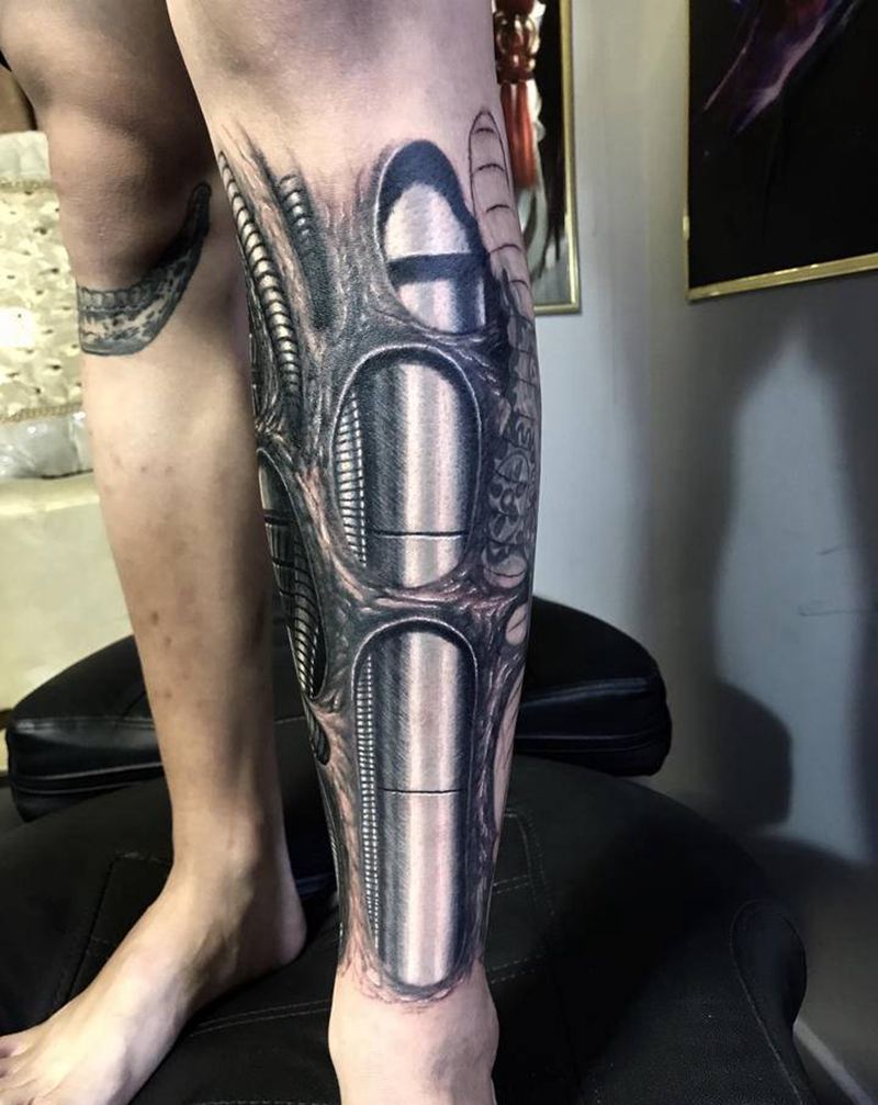 生化机械纹身图片_脚部腿部新传统欧美写实纹身图案
