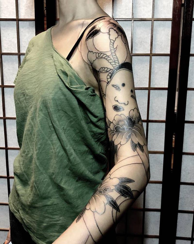 花臂、第二次做背景线纹身图片_手臂手部老传统纹身图案