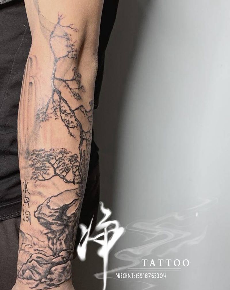 中国山水画纹身图片_手部水墨纹身图案
