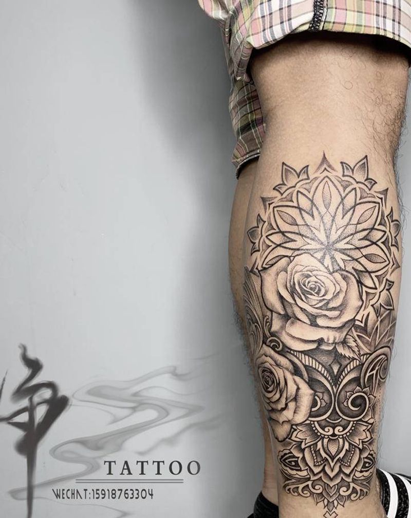 梵花纹身图片_腿部点刺几何梵花玫瑰花纹身图案