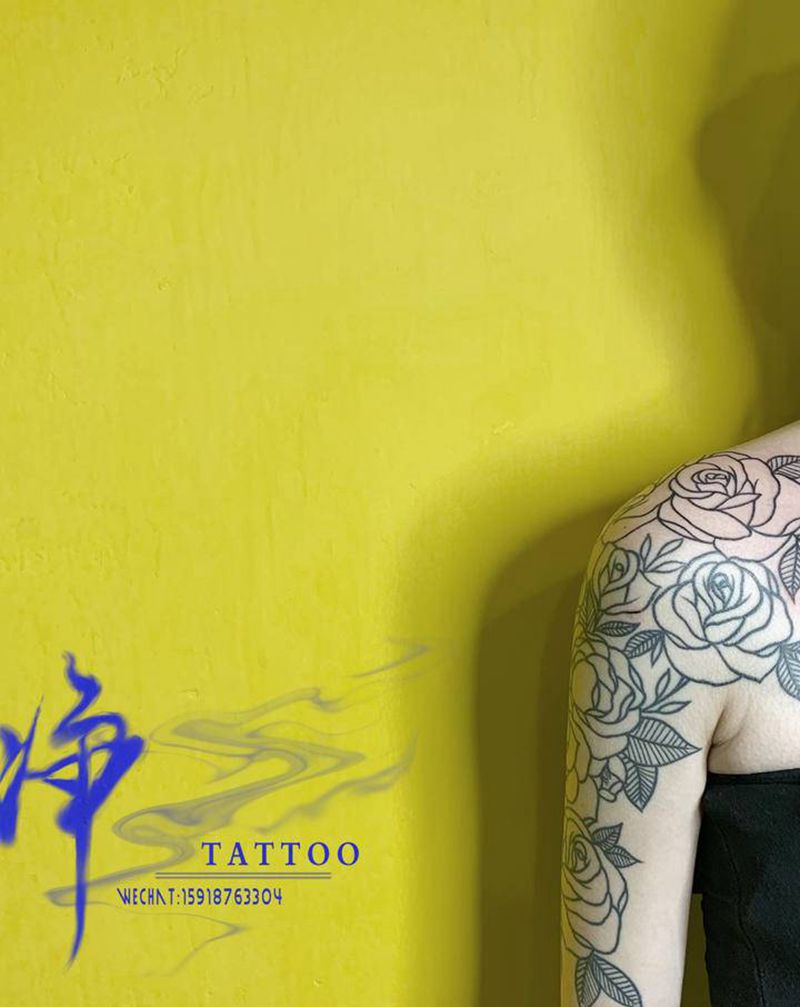 玫瑰花纹身图片_手臂玫瑰花线条纹身图案