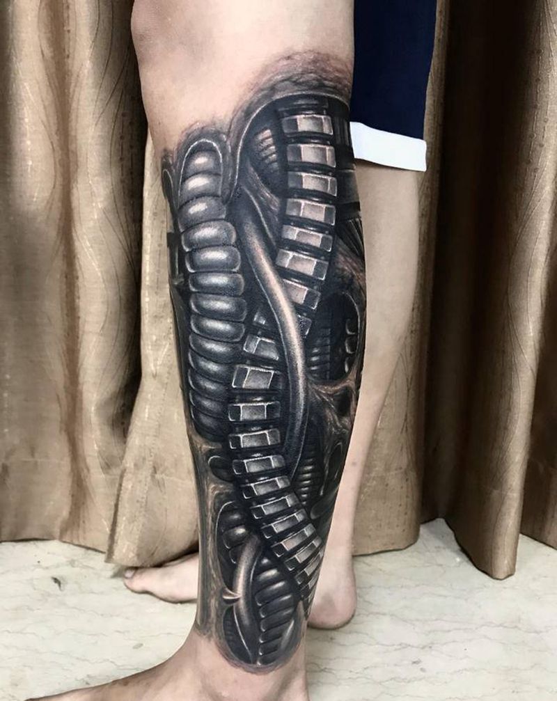 【生化骷髅机械】遮盖作品纹身图片_腿部脚部新传统欧美写实纹身图案