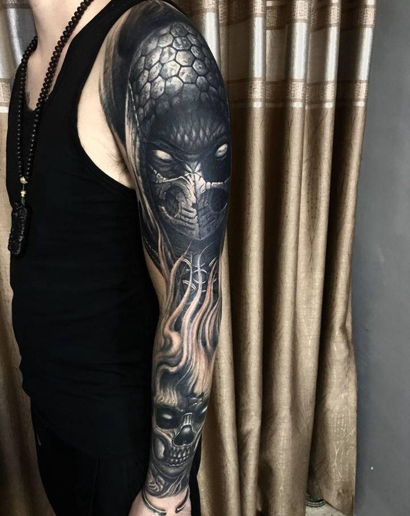 暗黑风遮盖花臂-未完成纹身图片_手臂手部新传统欧美写实纹身图案