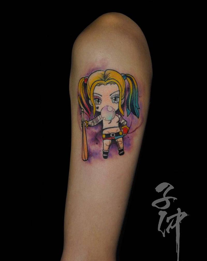 Harley Quinn纹身图片_New School水彩小丑女彩色纹身图案