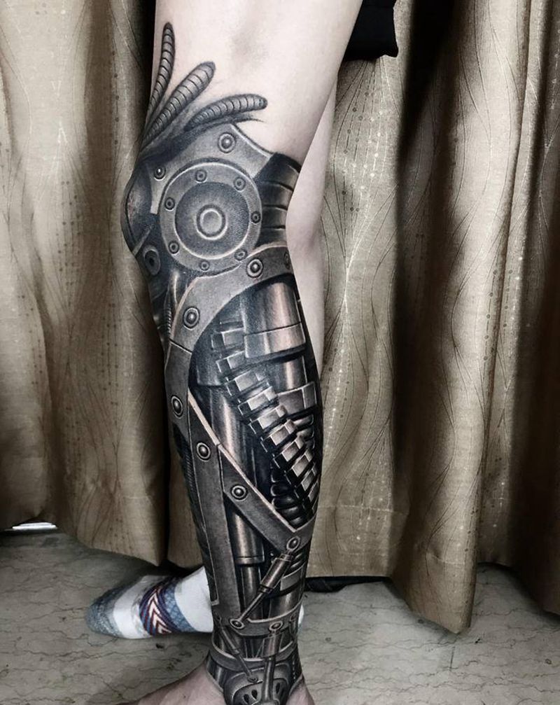 机械腿纹身图片_腿部脚部新传统欧美写实纹身图案