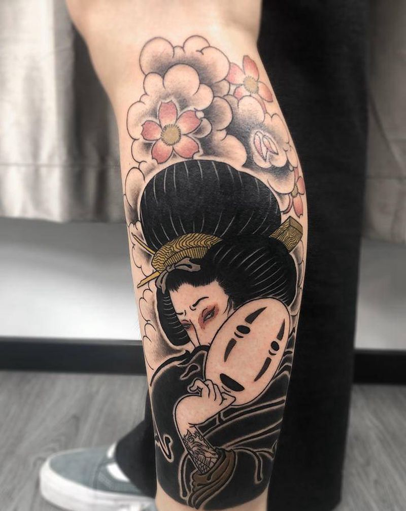 日式，艺妓。纹身图片_腿部老传统艺妓纹身图案