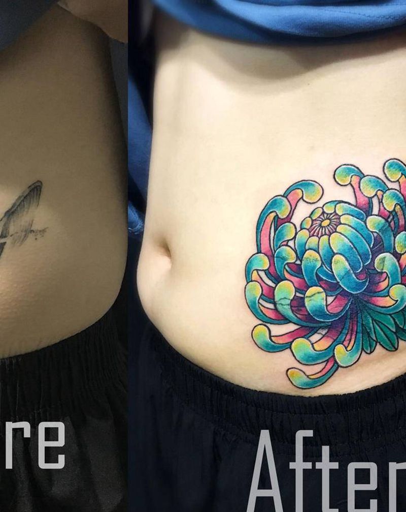 绚丽菊遮盖纹身图片_腹部新传统菊花纹身图案
