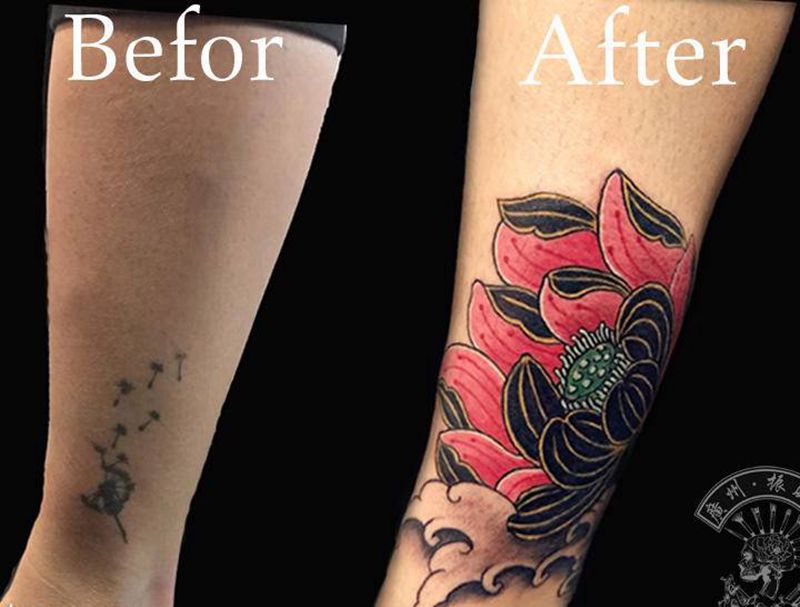 黑粉荷花纹身图片_脚部新传统遮盖纹身图案