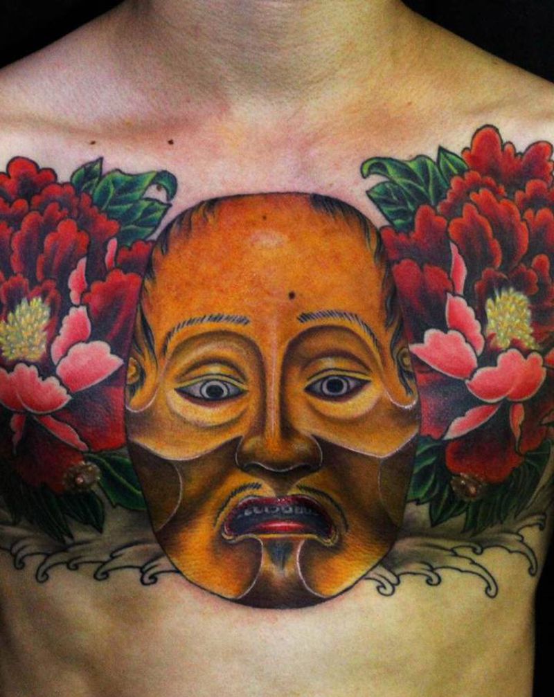 瘦男纹身图片_胸部新传统日式纹身图案