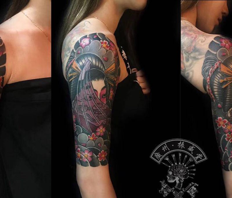 艺伎纹身图片_手臂老传统艺伎纹身图案