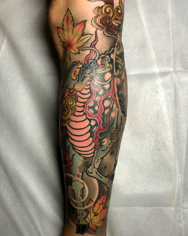 传统麒麟纹身图片_腿部脚部老传统新传统麒麟纹身图案