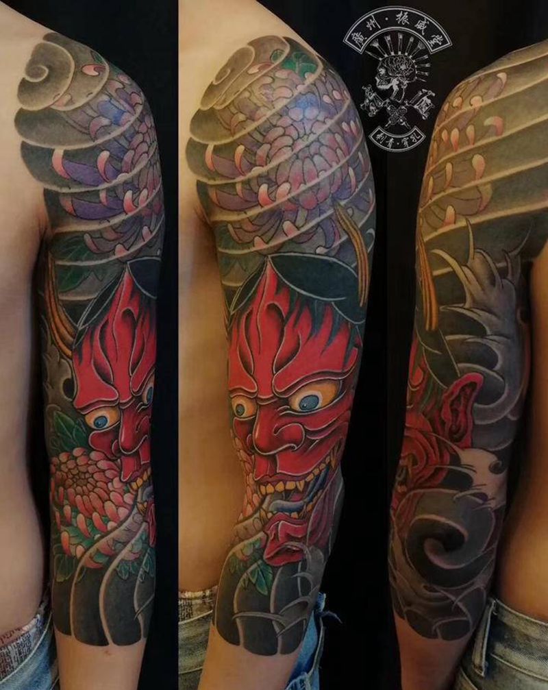 般若菊花纹身图片_手臂老传统新传统般若纹身图案