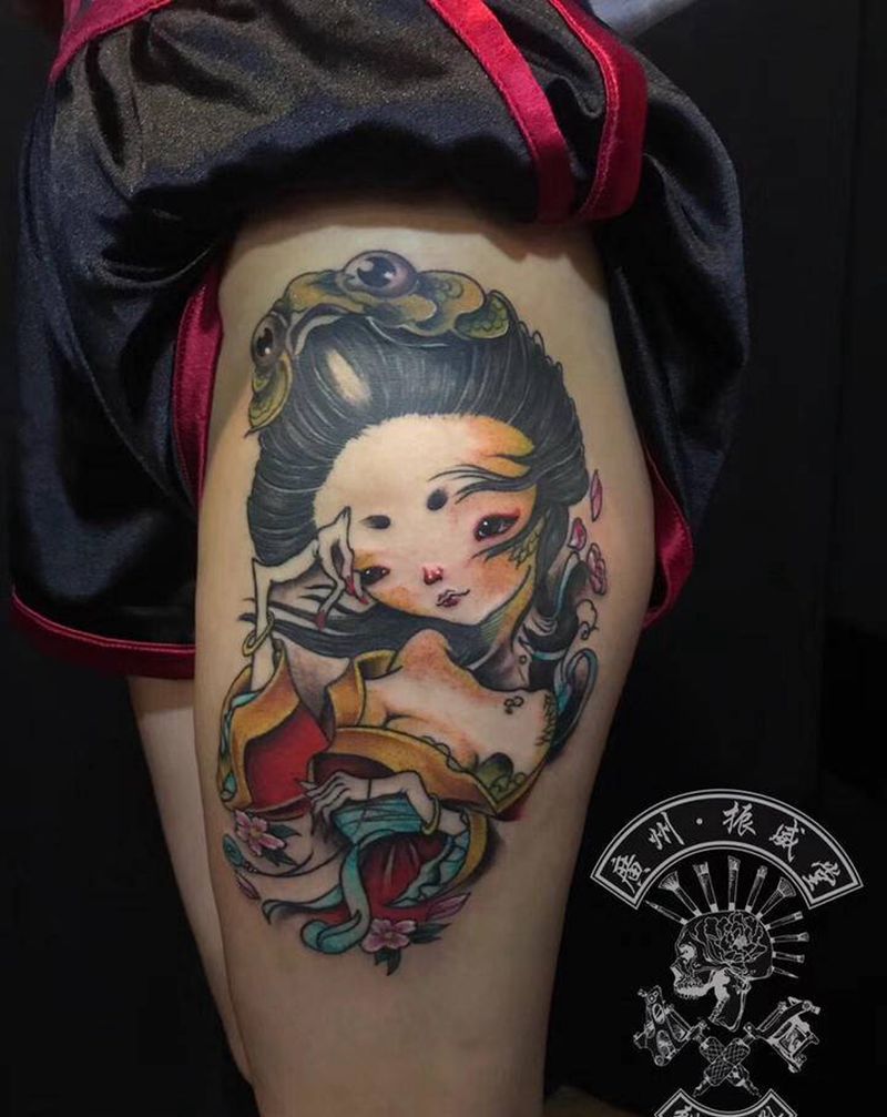 鱼姬纹身图片_腿部老传统新传统纹身图案