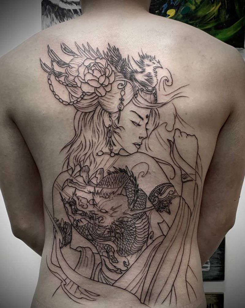 艺妓 线条纹身图片_背部老传统新传统纹身图案