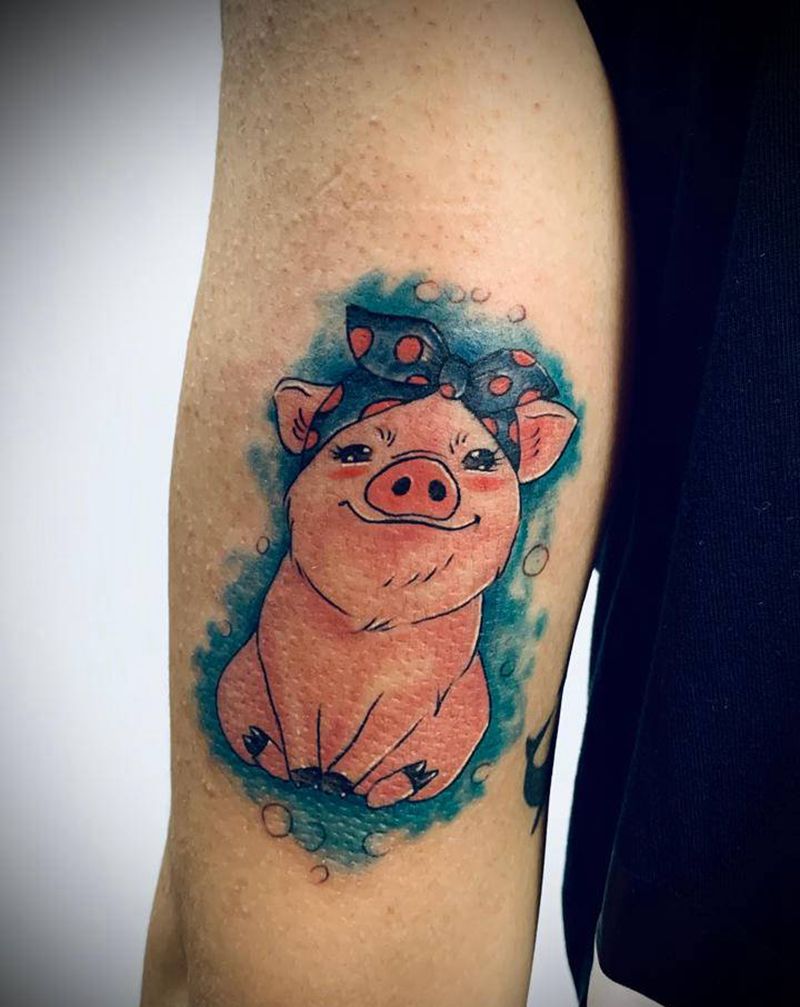 彩色小猪纹身图片_手臂New School水彩纹身图案