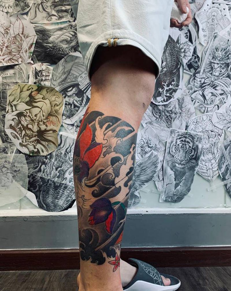 传统 彩色包小腿纹身图片_腿部老传统纹身图案