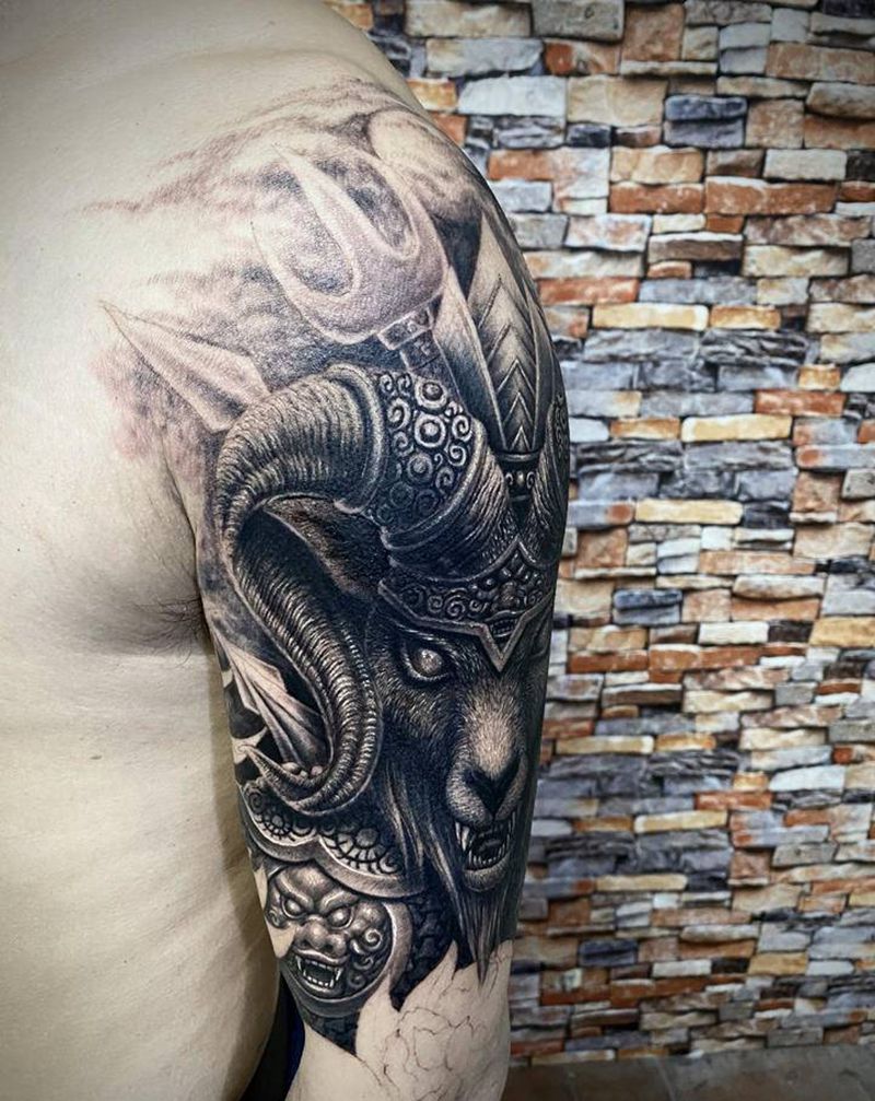 羊将军纹身图片_手部手臂欧美写实纹身图案