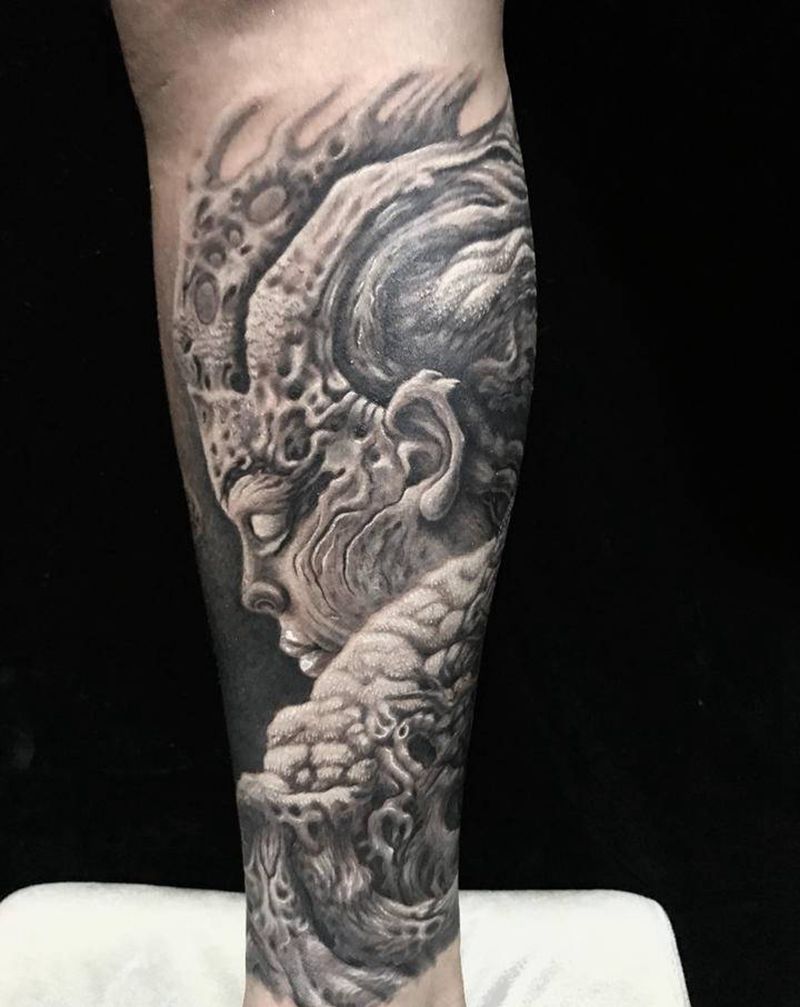 2019部分作品展示纹身图片_手部腿部欧美写实新传统石雕机械纹身图案