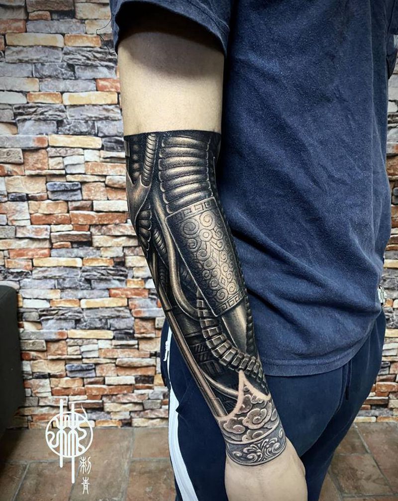 机械臂纹身图片_手臂手部欧美写实新传统机械臂机械石雕纹身图案