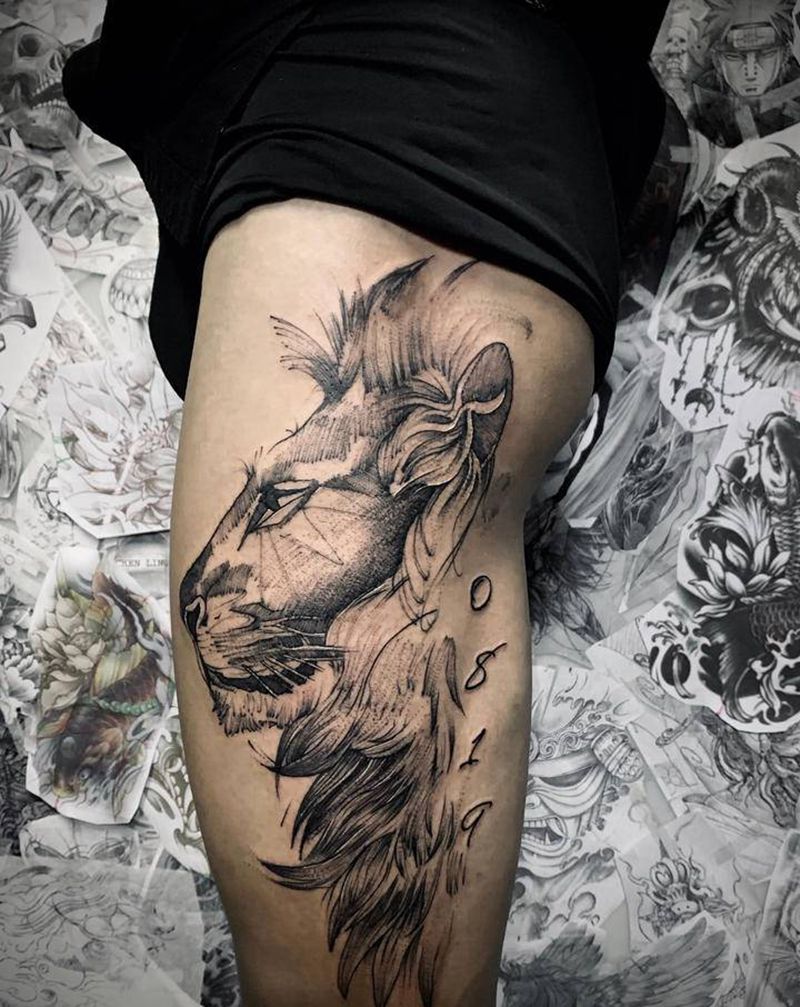 描线类 狮子纹身图片_腿部几何点刺纹身图案