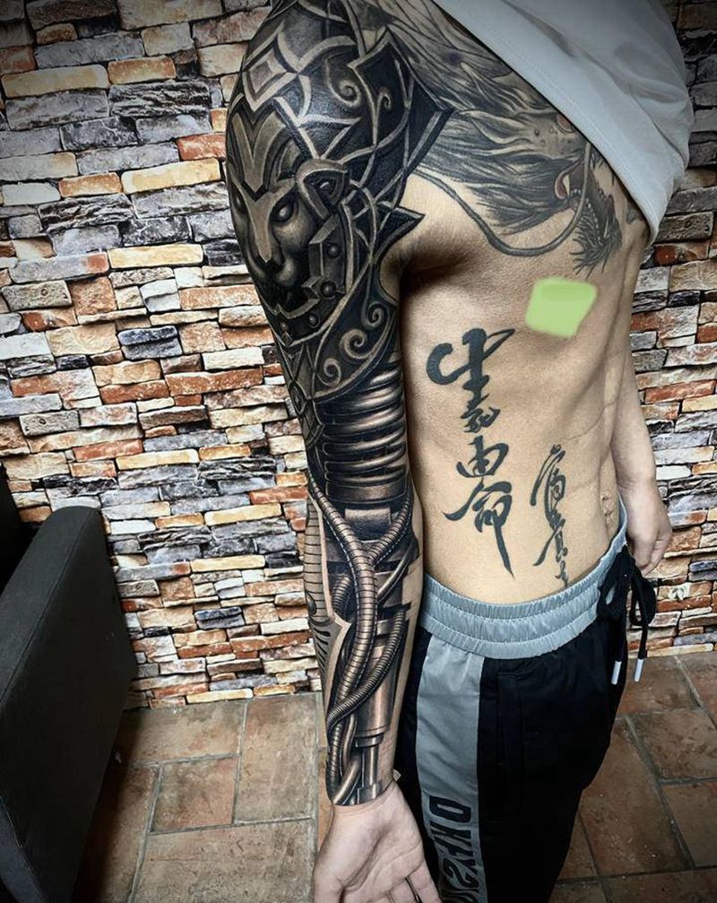 机械臂-钢狮纹身图片_手臂手部欧美写实新传统机械臂机械纹身图案