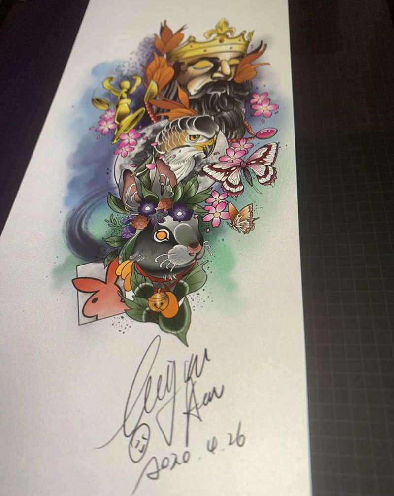 已约手稿纹身图片_手部脚部New School水彩纹身图案