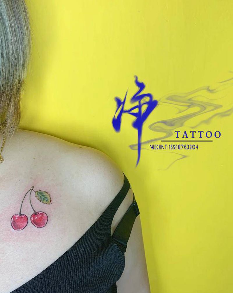 樱桃纹身纹身图片_颈部水彩小清新樱桃纹身图案