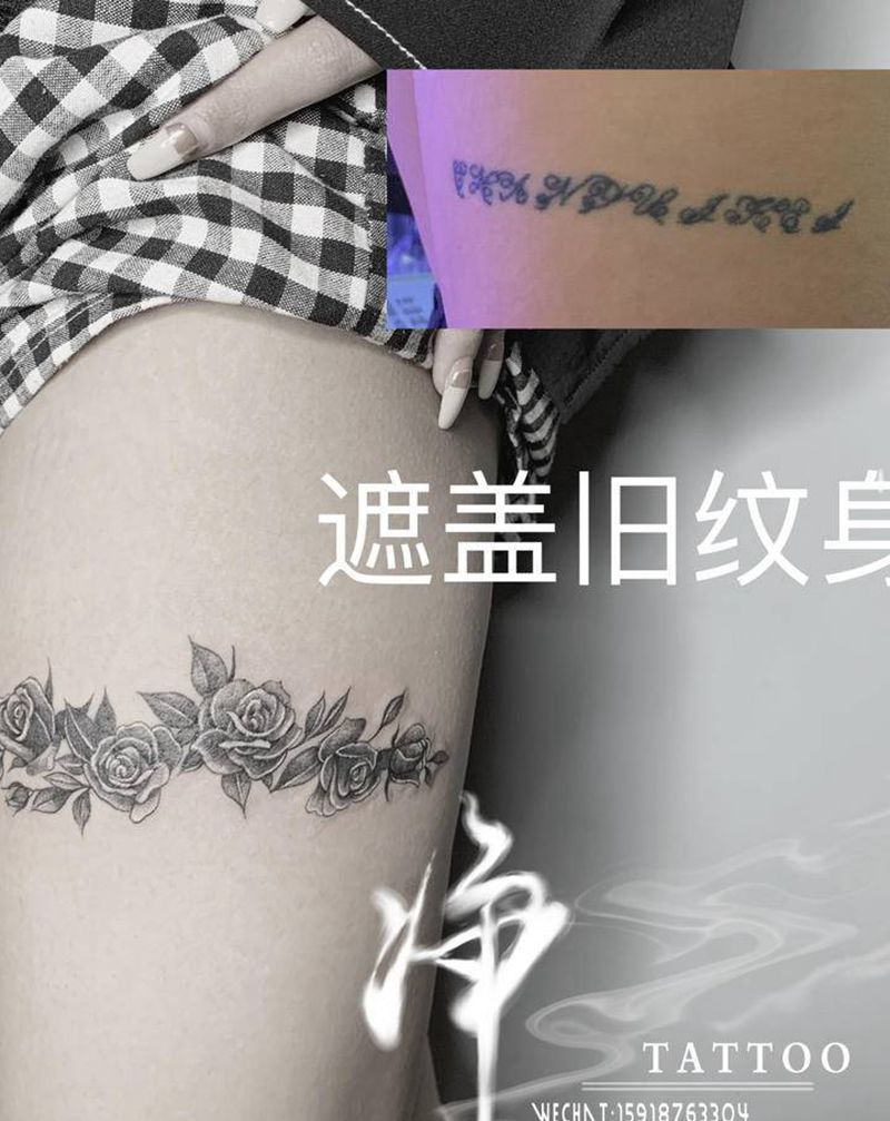 遮盖纹身纹身图片_腿部遮盖玫瑰花纹身图案