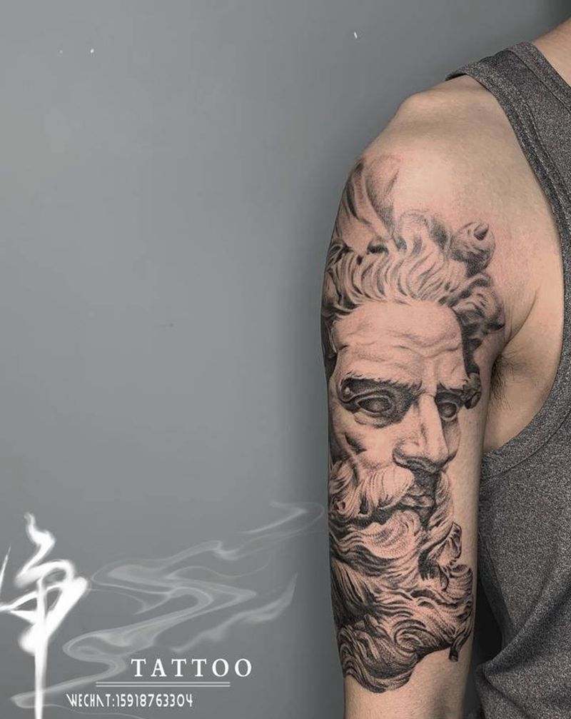 海神纹身图片_手臂欧美写实波塞冬海神花臂纹身图案