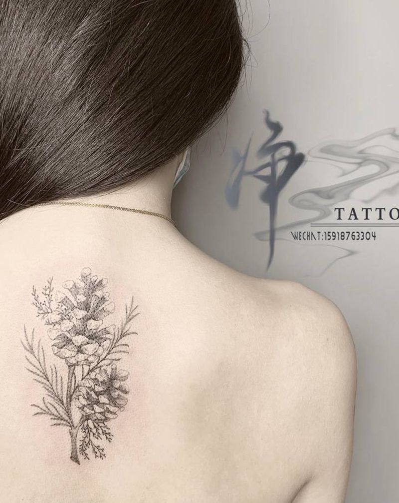 松果纹身图片_背部点刺小清新松果纹身图案