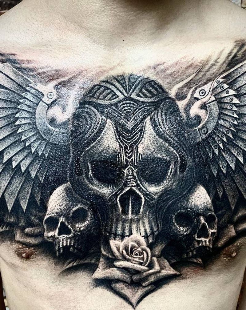 骷髅天使纹身图片_胸部欧美写实机械骷髅翅膀纹身图案