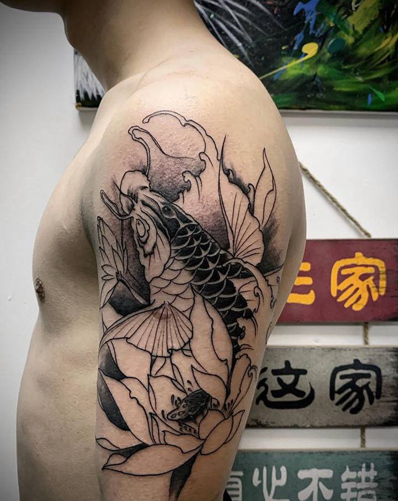 鲤鱼 未完成纹身图片_手臂新传统纹身图案