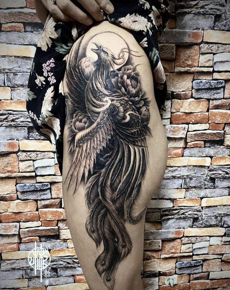 百鸟之王-凤凰纹身图片_腰部腿部欧美写实纹身图案