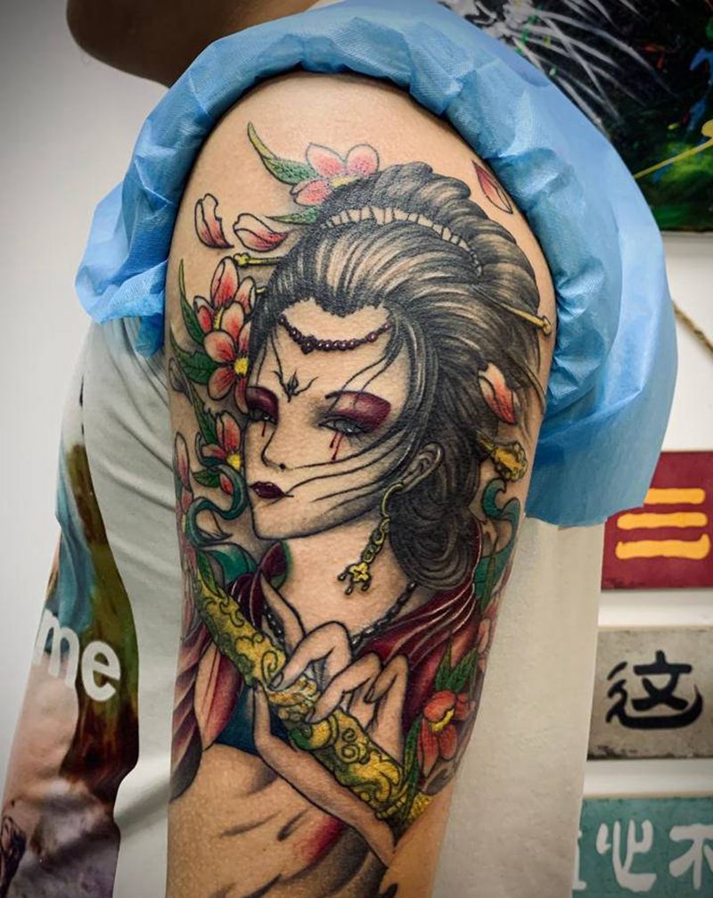 彩色艺妓纹身图片_手臂新传统纹身图案