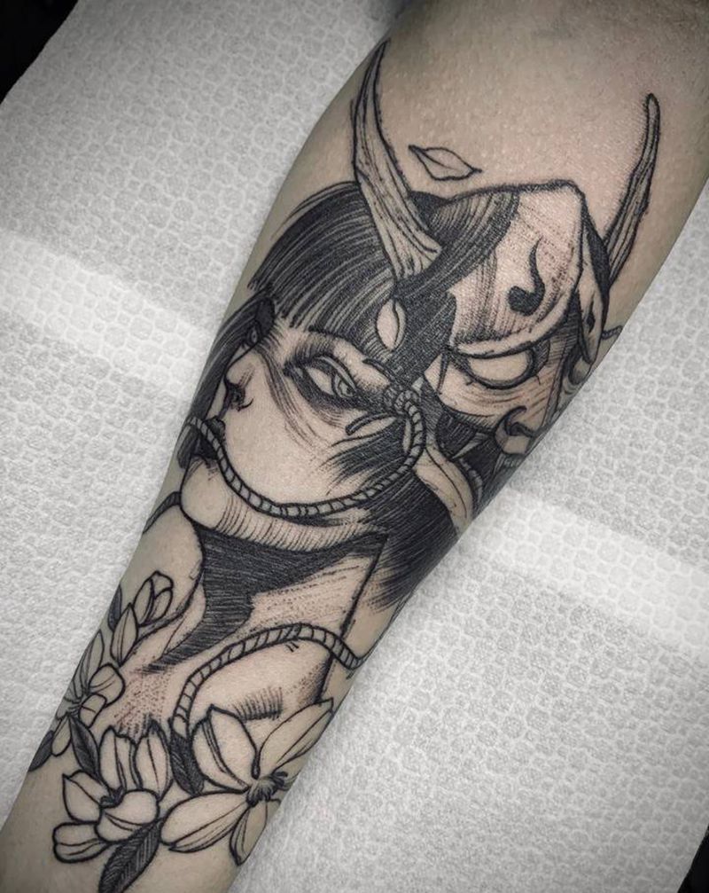 面具 艺妓纹身图片_手臂新传统纹身图案