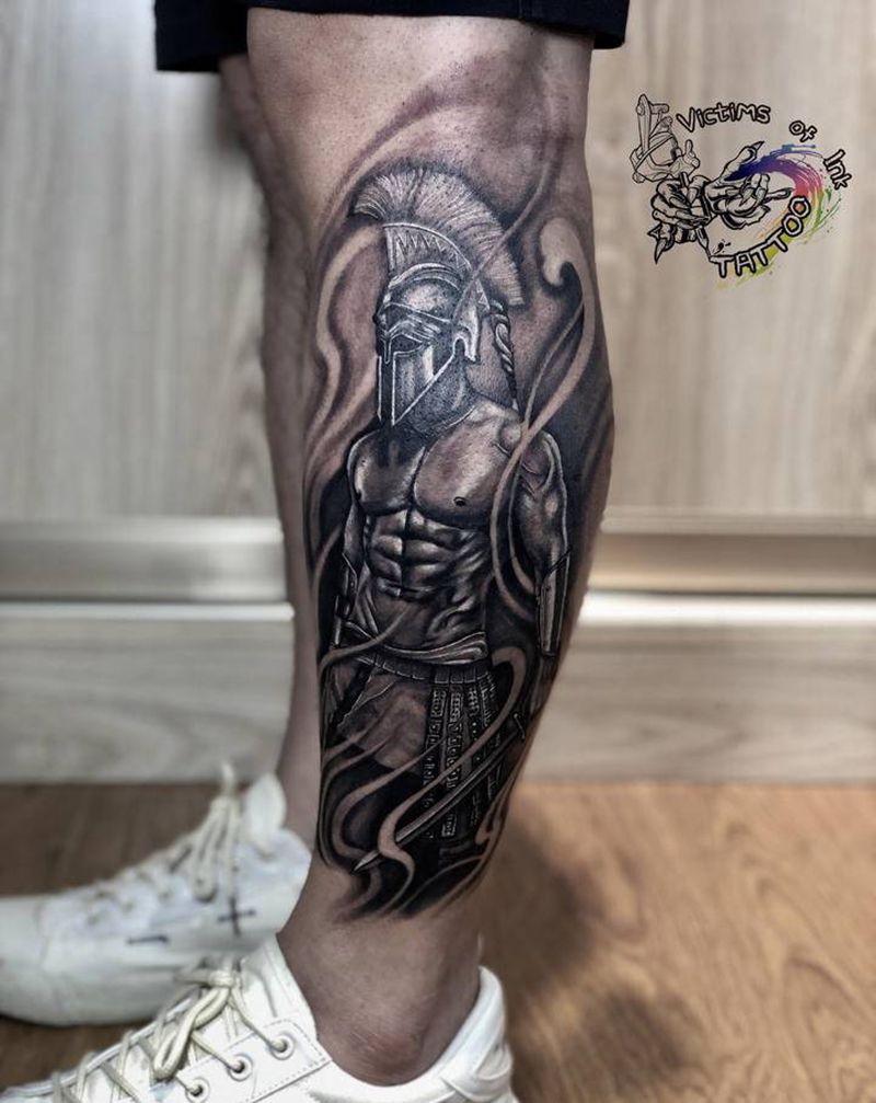 斯巴达勇士纹身图片_腿部欧美写实纹身图案