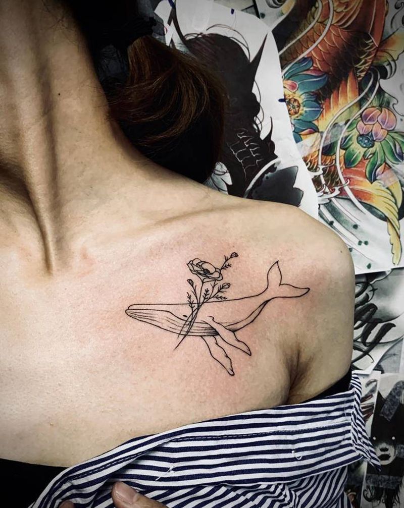 鲸鱼纹身图片_肩部点刺几何纹身图案