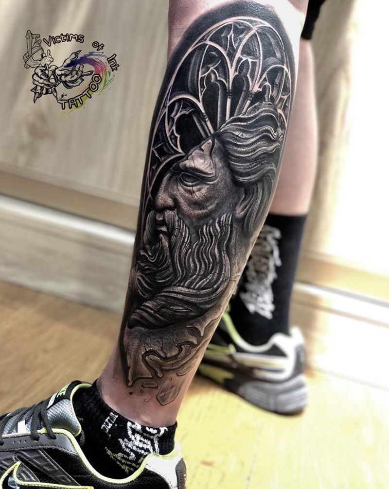 宙斯纹身图片_腿部欧美写实纹身图案