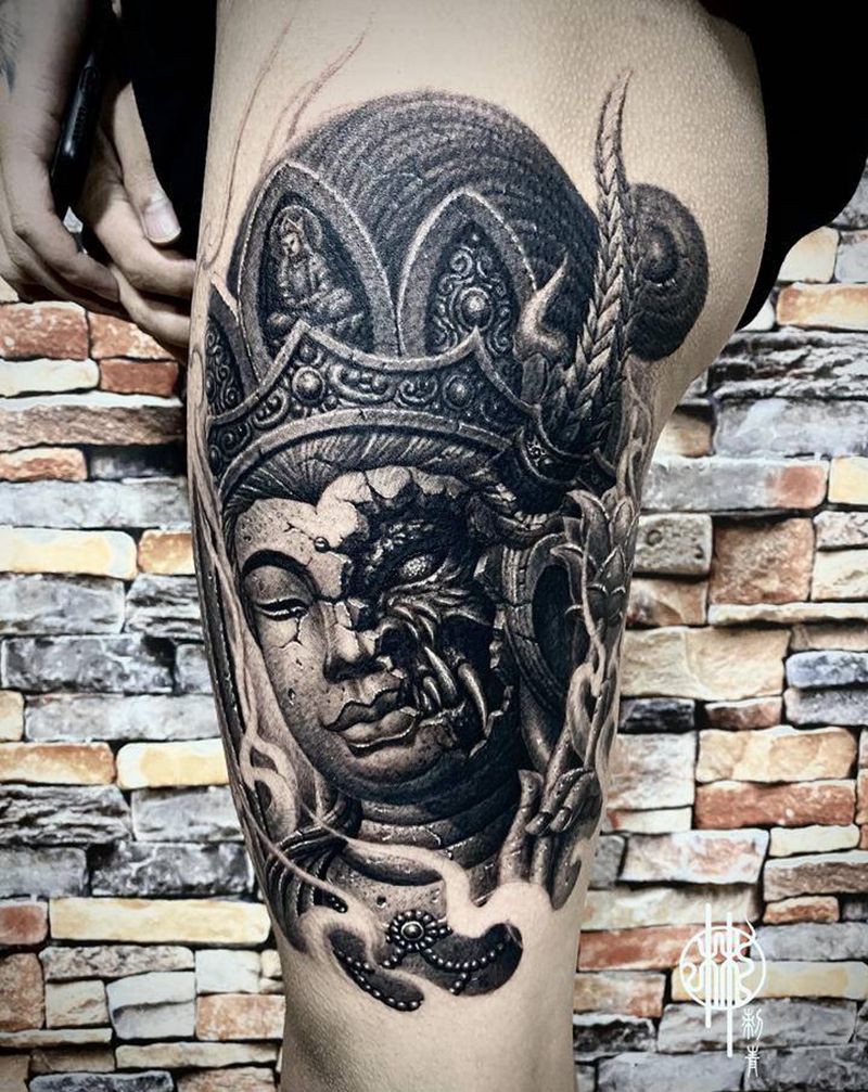 善恶虚空藏纹身图片_脚部腿部欧美写实石雕佛魔纹身图案