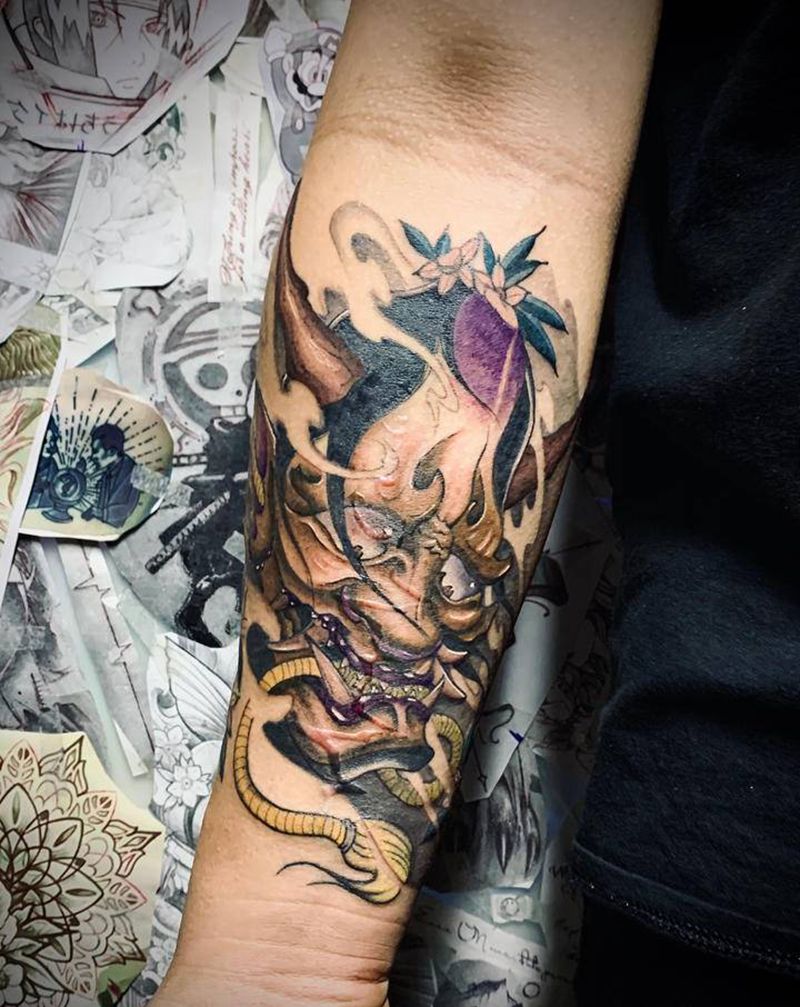 彩色般若纹身图片_手臂老传统新传统纹身图案