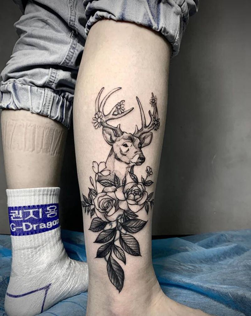 鹿 遮盖纹身图片_腿部脚部几何点刺纹身图案