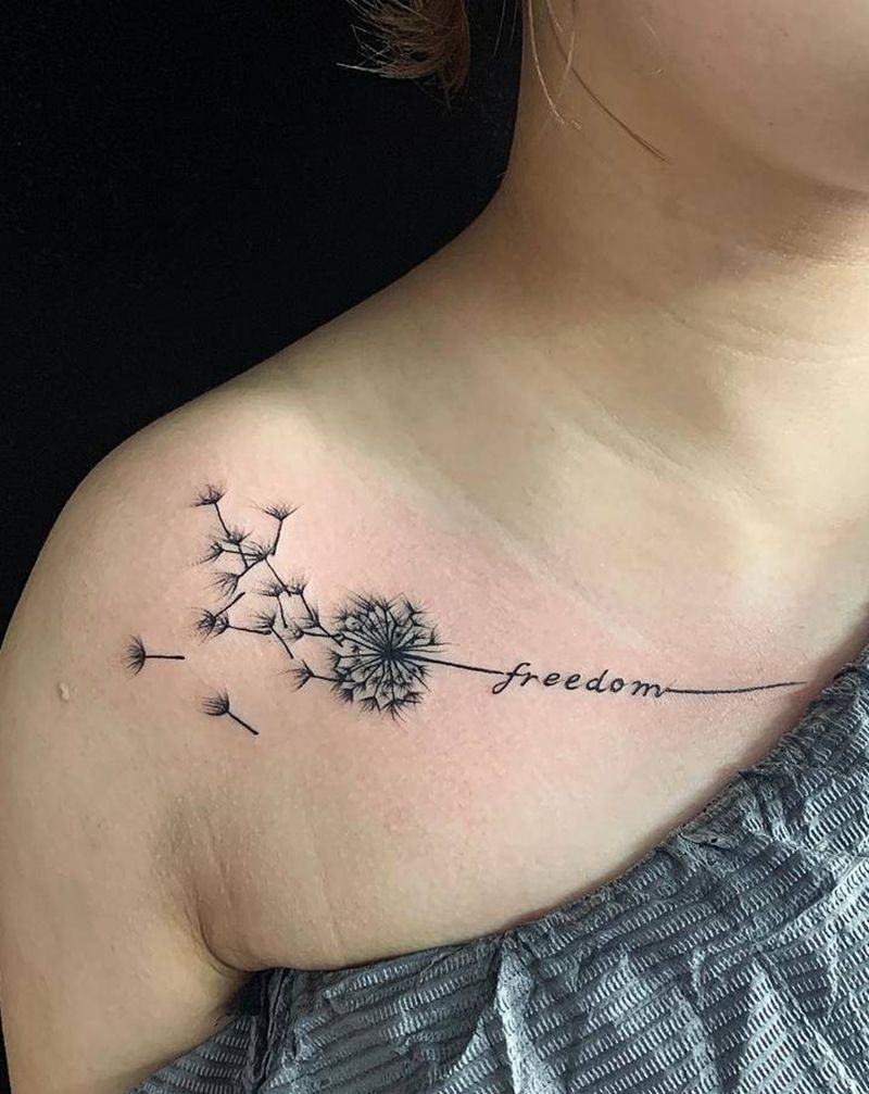 蒲公英纹身图片_胸部肩部点刺水彩纹身图案