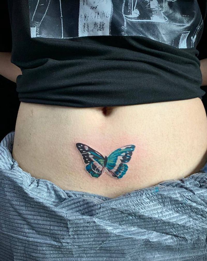 蝴蝶纹身图片_腰部腹部水彩欧美写实纹身图案
