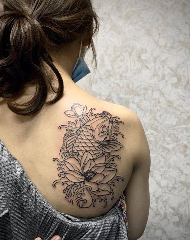 鲤鱼线条纹身图片_背部新传统老传统纹身图案