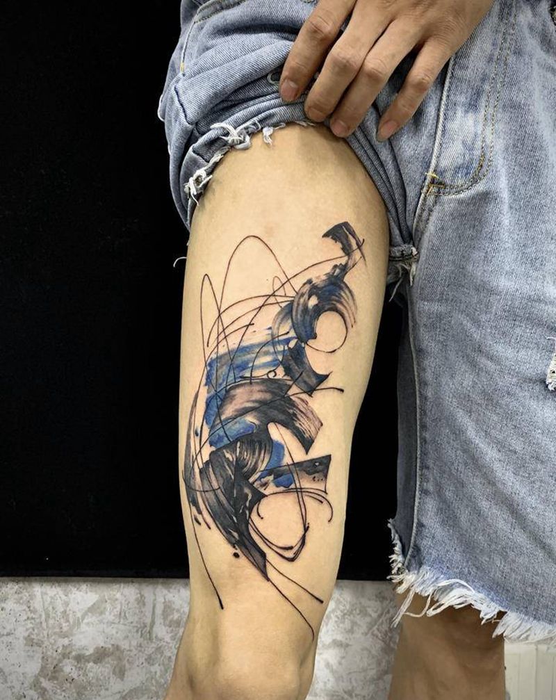 大腿 泼墨纹身图片_腿部水墨纹身图案