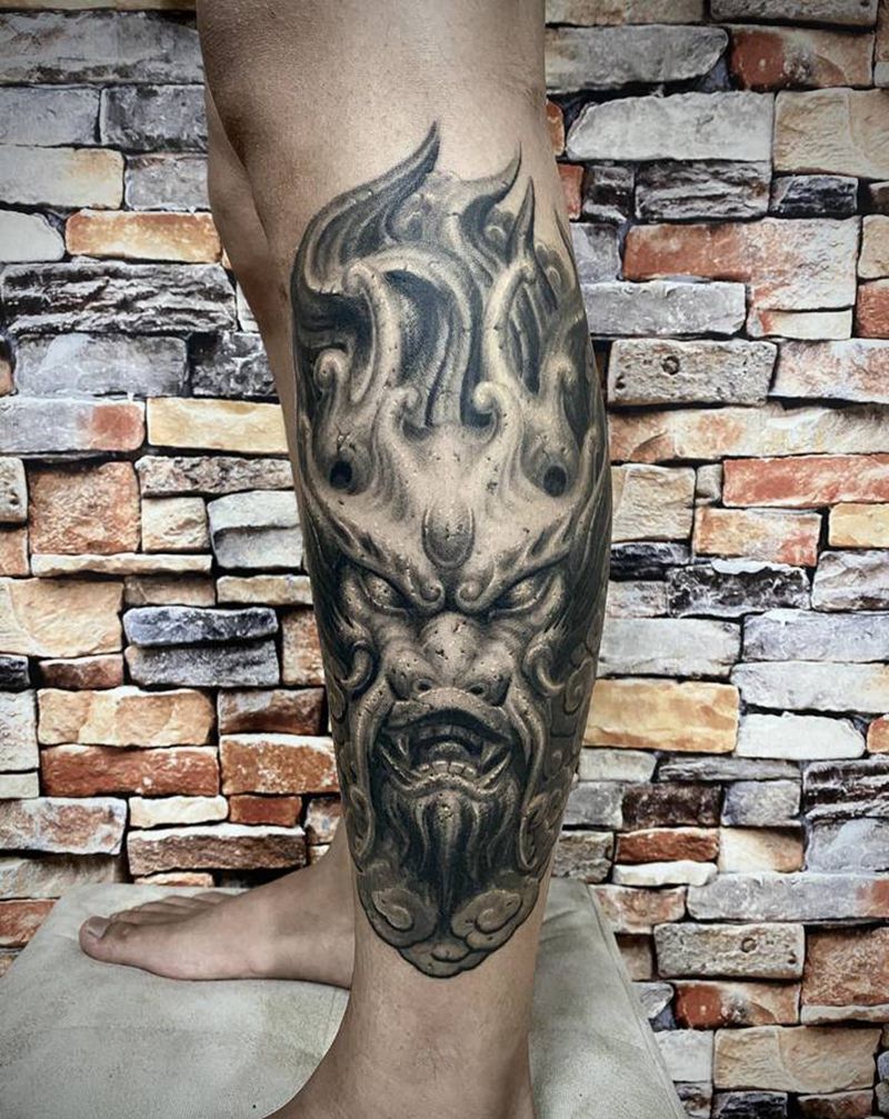 迷你版【神龙壁】纹身图片_腿部脚部欧美写实石雕纹身图案