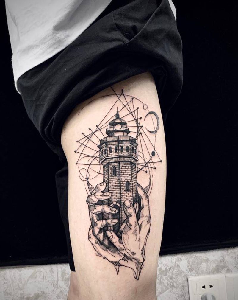 灯塔纹身图片_腿部点刺几何纹身图案