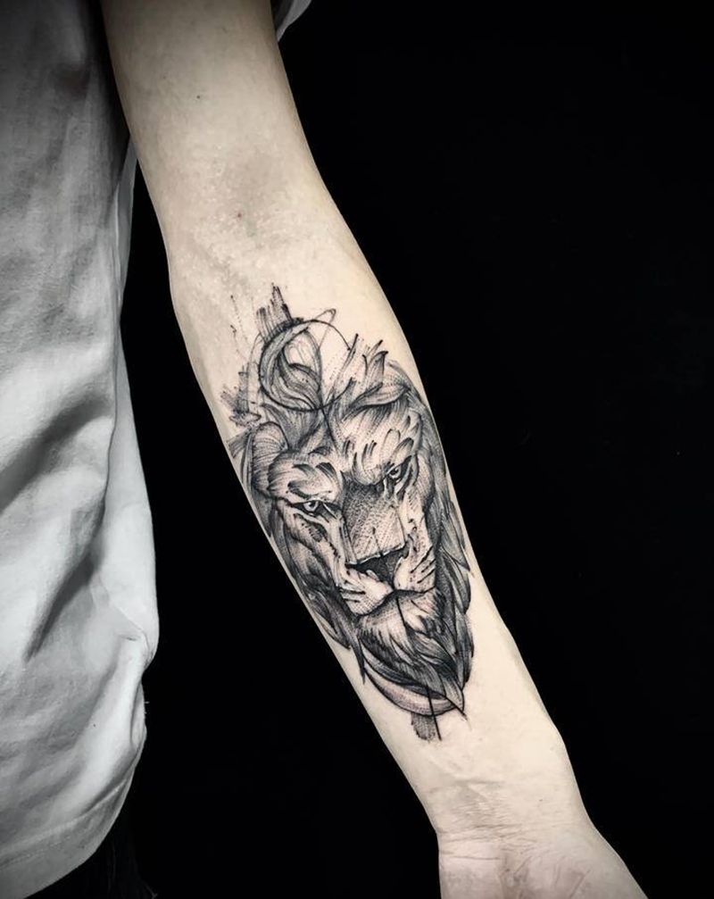 狮子 描线类型纹身图片_手臂点刺几何纹身图案