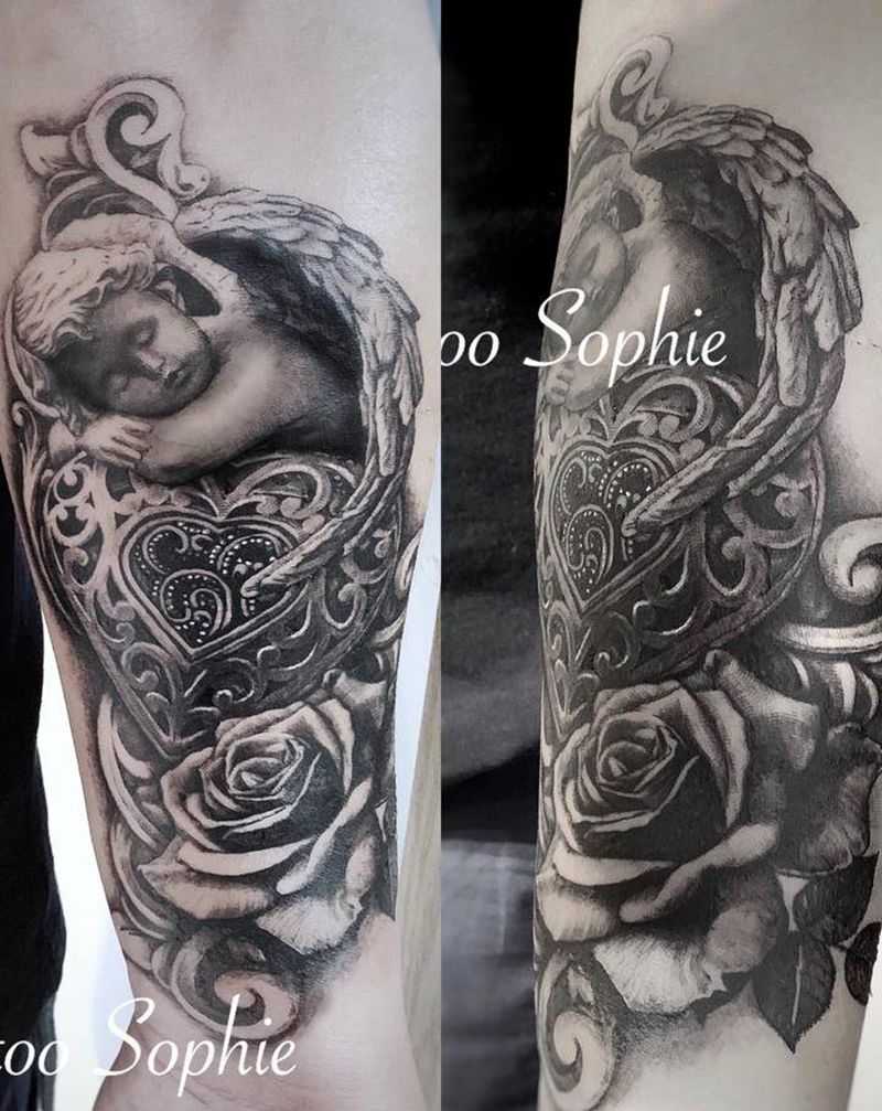 天使纹身图片_手臂欧美写实天使写实玫瑰花锁纹身图案