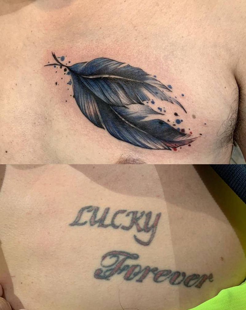 羽毛遮盖旧字体纹身图片_胸部水彩水墨羽毛水彩遮盖纹身图案